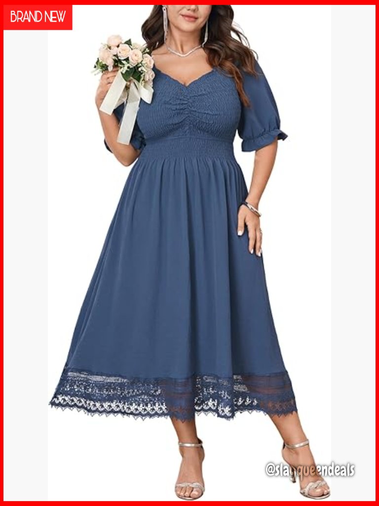 Plus Size Smocked Milkmaid Maxi Dress Puff Sleeve Lace Trim Wedding Guest